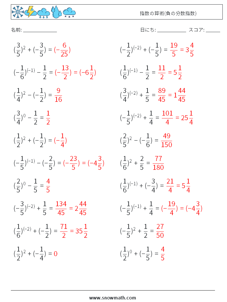  指数の算術(負の分数指数) 数学ワークシート 4 質問、回答