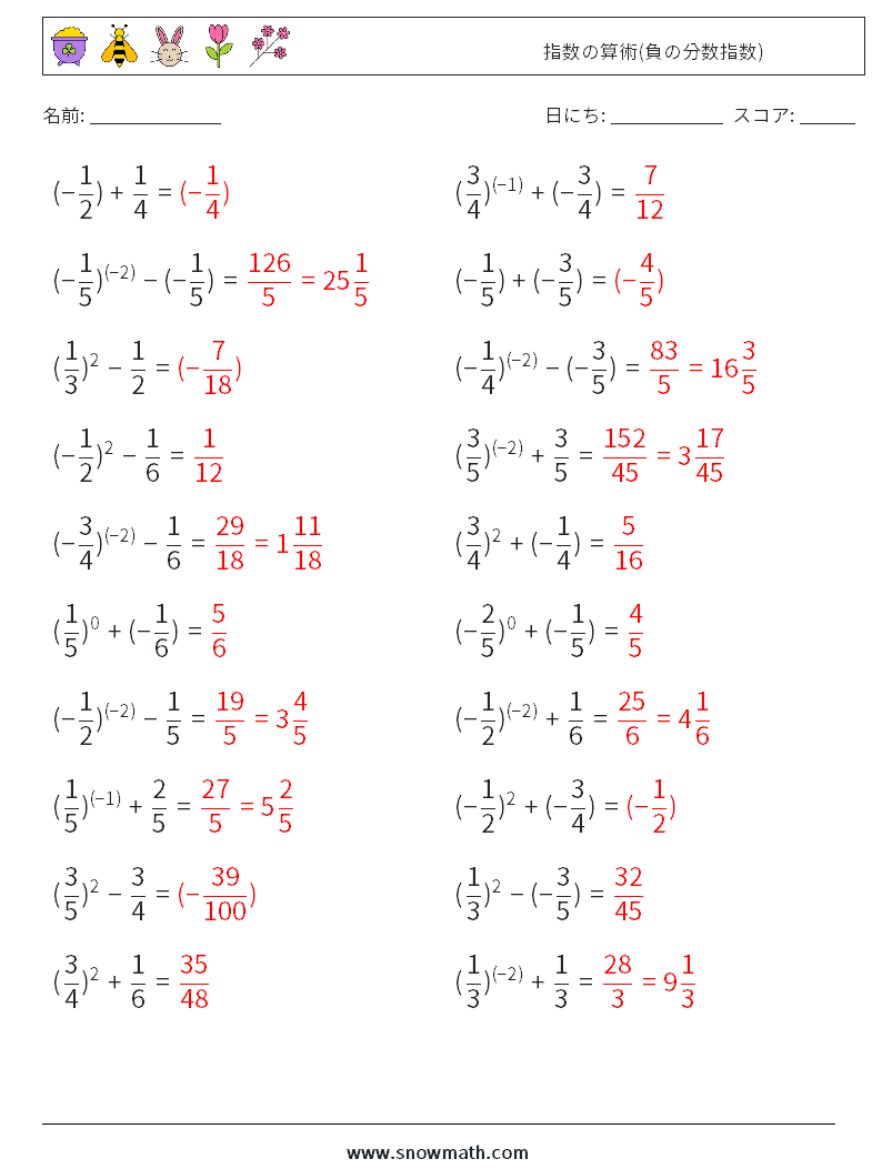  指数の算術(負の分数指数) 数学ワークシート 7 質問、回答