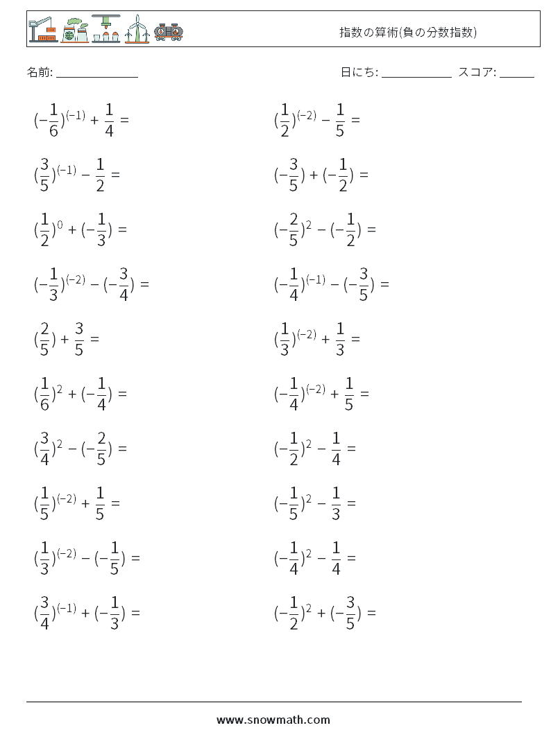  指数の算術(負の分数指数) 数学ワークシート 9