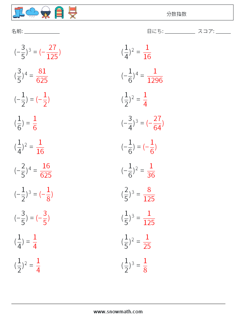 分数指数 数学ワークシート 1 質問、回答