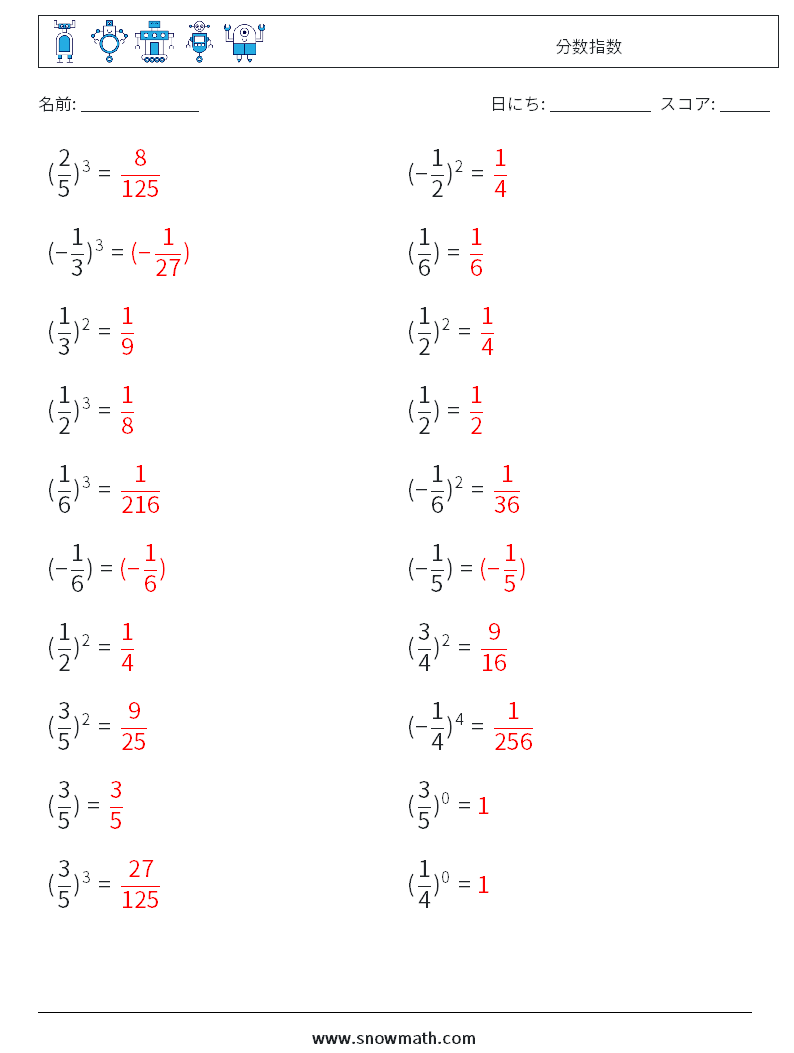 分数指数 数学ワークシート 6 質問、回答
