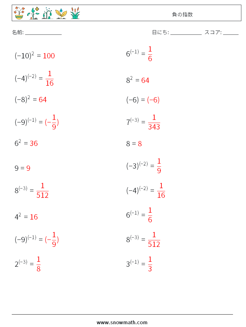  負の指数 数学ワークシート 2 質問、回答