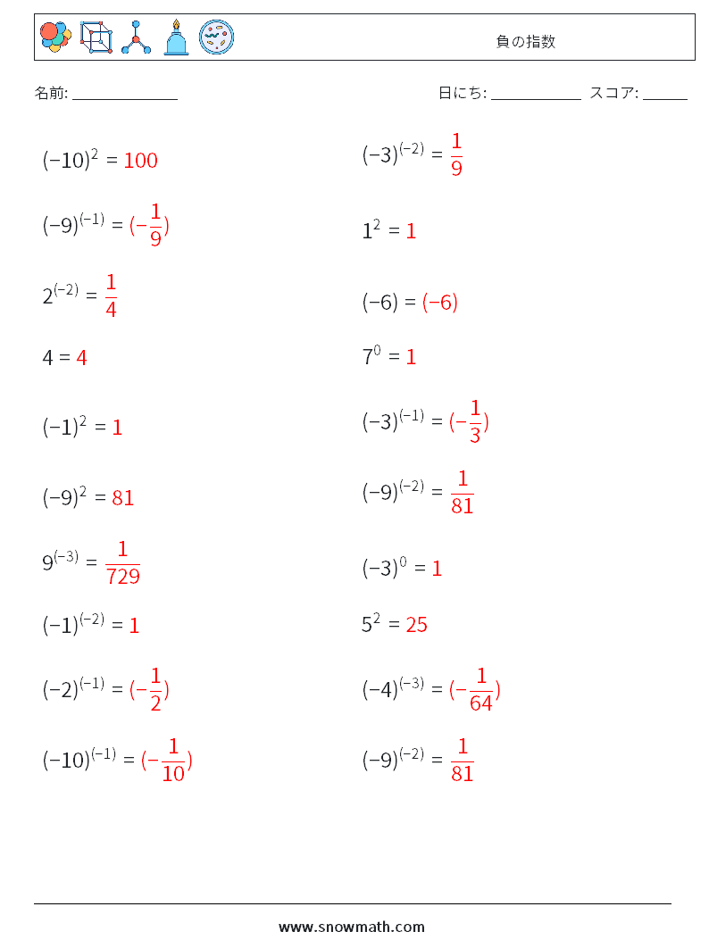  負の指数 数学ワークシート 6 質問、回答