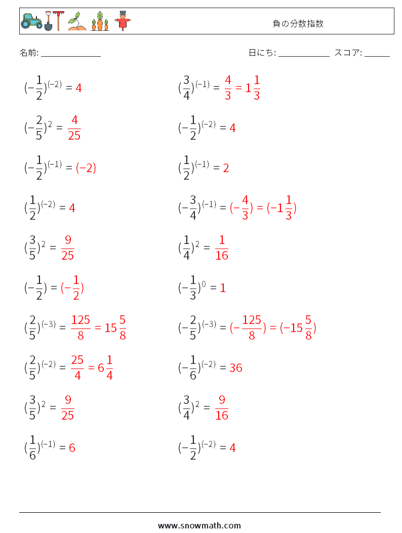 負の分数指数 数学ワークシート 1 質問、回答
