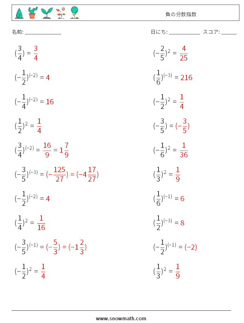 負の分数指数 数学ワークシート 5 質問、回答