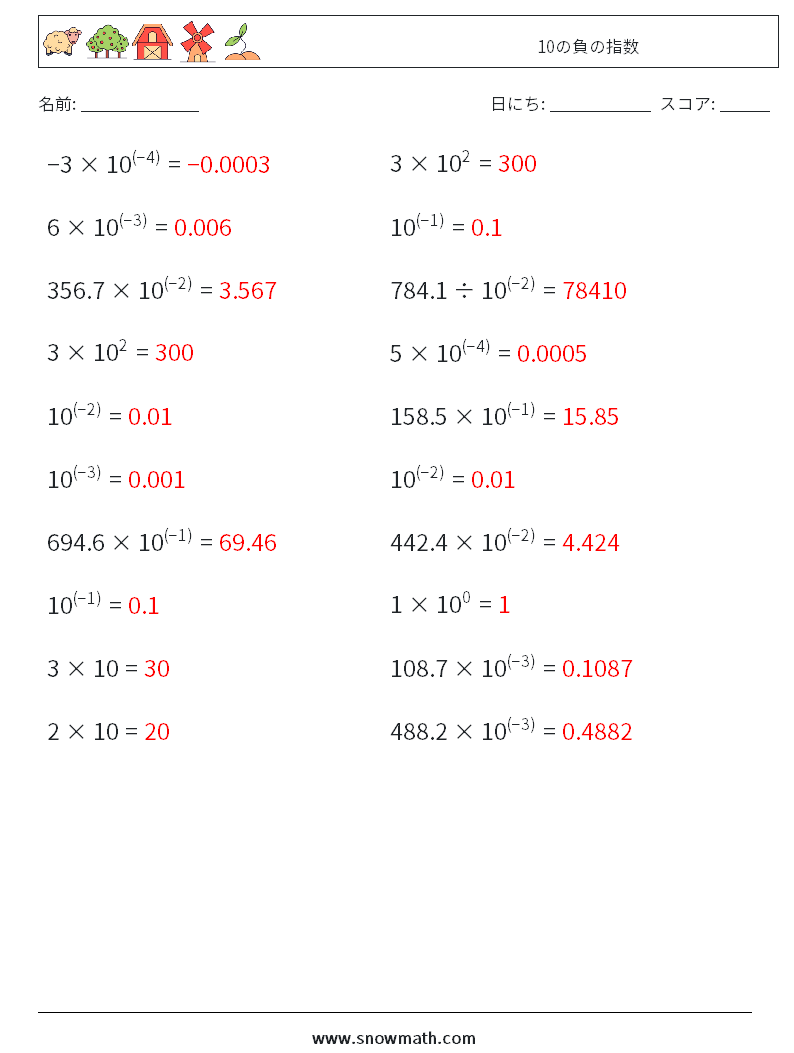 10の負の指数 数学ワークシート 3 質問、回答