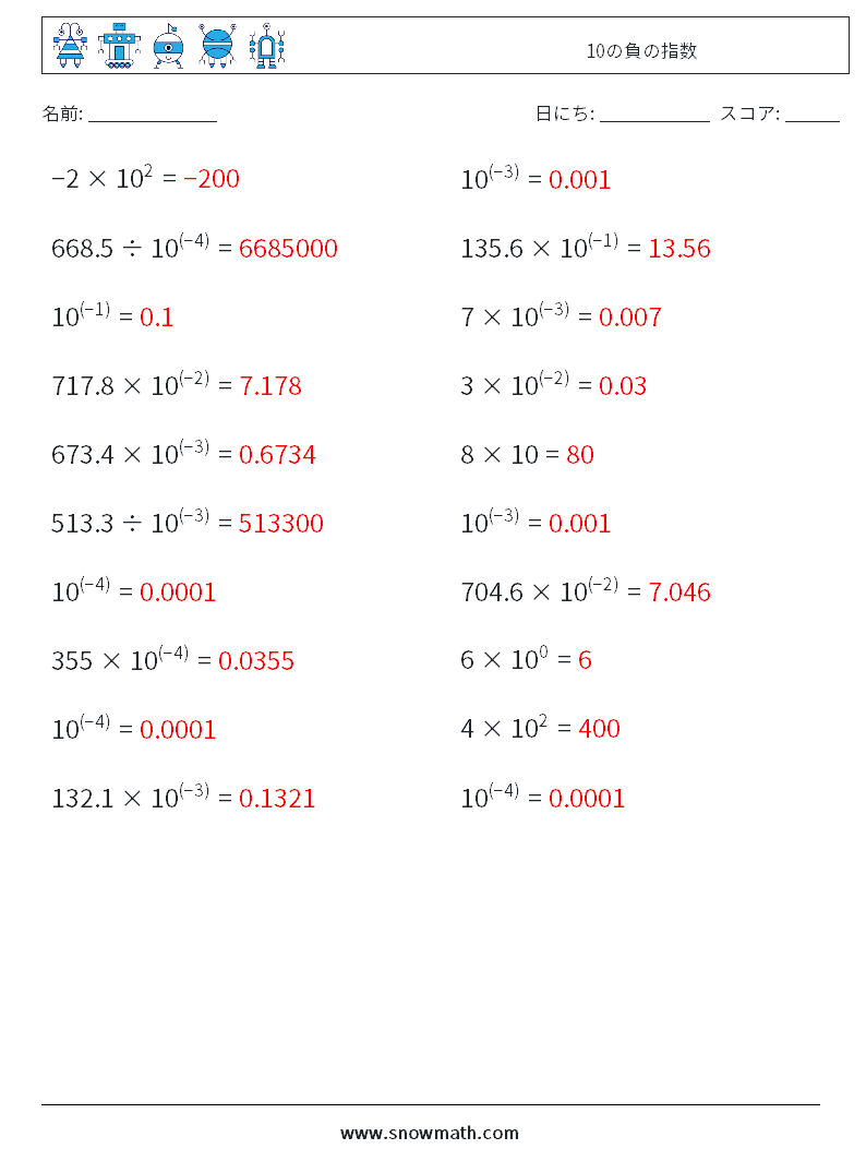 10の負の指数 数学ワークシート 5 質問、回答