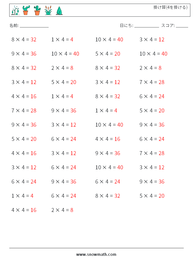 (50) 掛け算(4を掛ける) 数学ワークシート 1 質問、回答