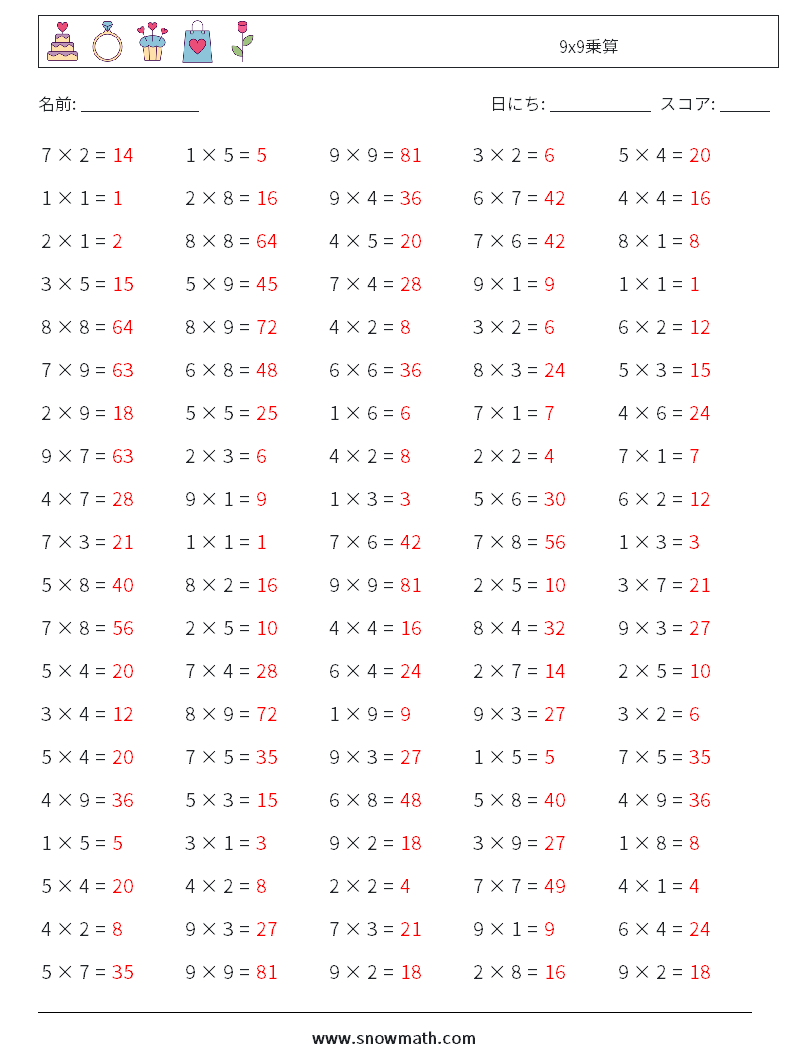 (100) 9x9乗算 数学ワークシート 5 質問、回答