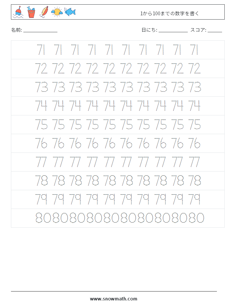 1から100までの数字を書く 数学ワークシート 15