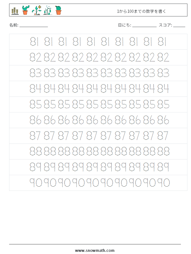1から100までの数字を書く 数学ワークシート 17