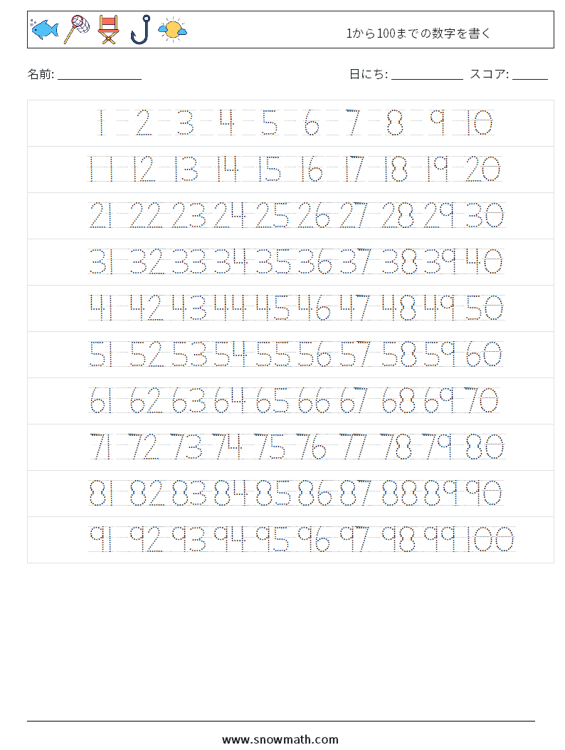 1から100までの数字を書く 数学ワークシート 2