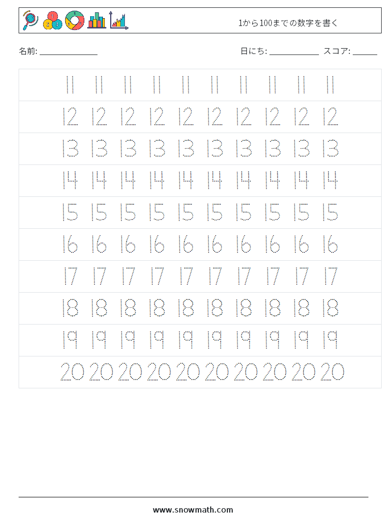 1から100までの数字を書く 数学ワークシート 3