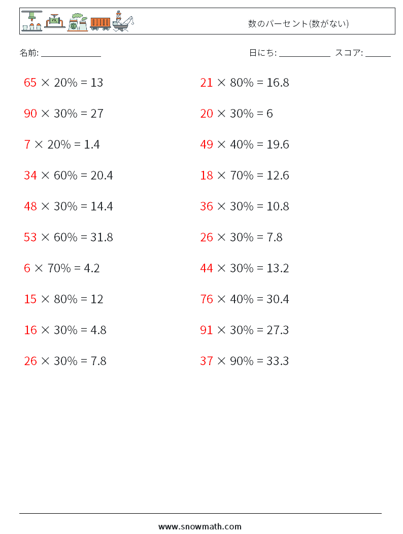 数のパーセント(数がない) 数学ワークシート 4 質問、回答