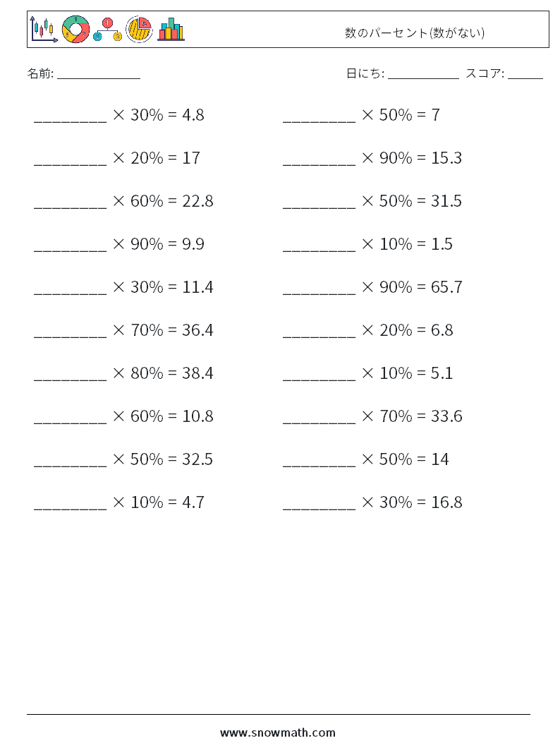 数のパーセント(数がない) 数学ワークシート 6