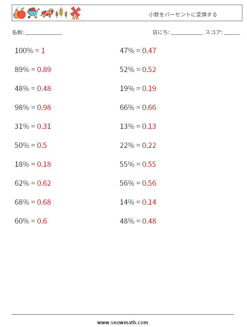 小数をパーセントに変換する 数学ワークシート 4 質問、回答
