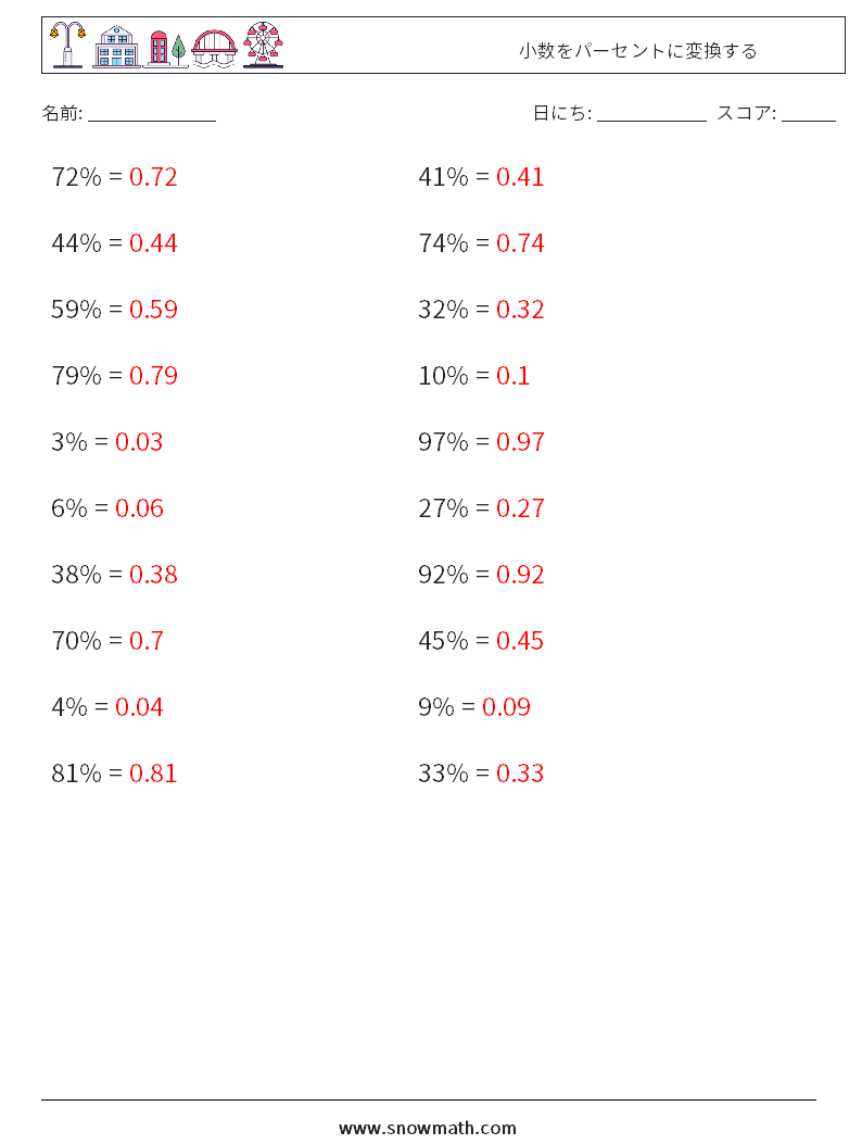 小数をパーセントに変換する 数学ワークシート 8 質問、回答