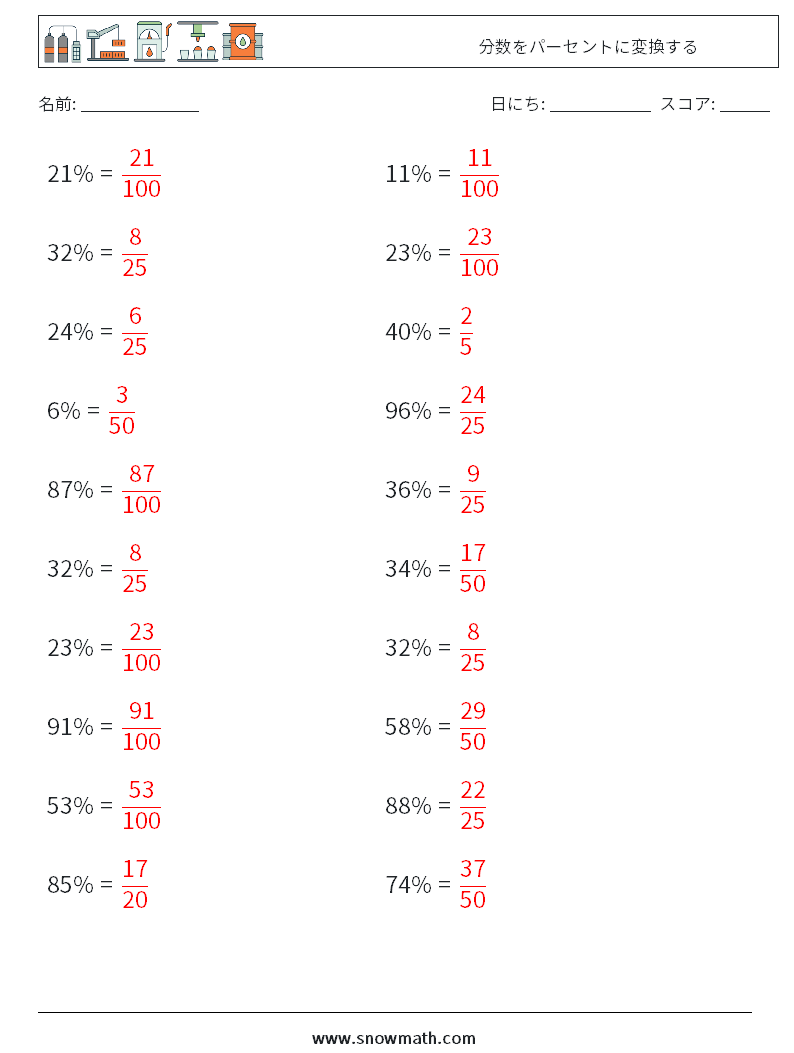 分数をパーセントに変換する 数学ワークシート 2 質問、回答