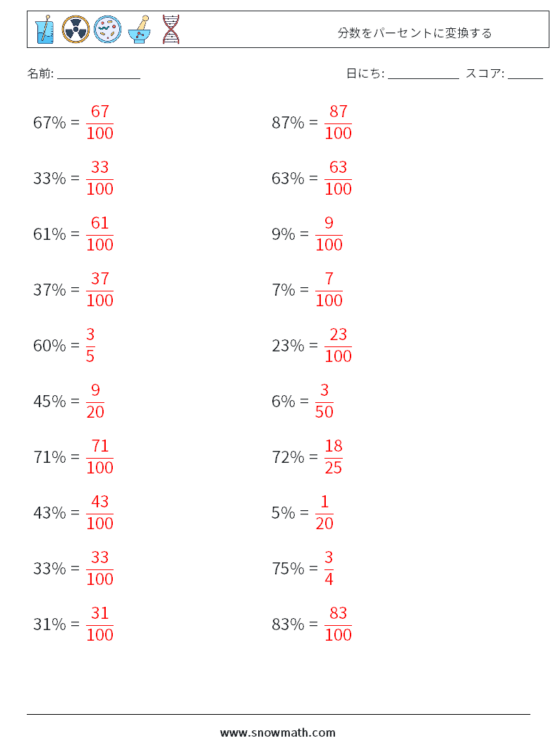 分数をパーセントに変換する 数学ワークシート 3 質問、回答