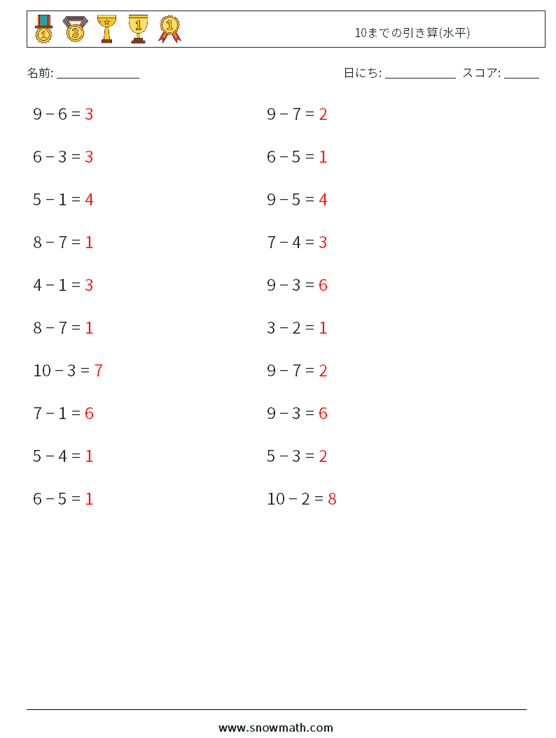 (20) 10までの引き算(水平) 数学ワークシート 1 質問、回答