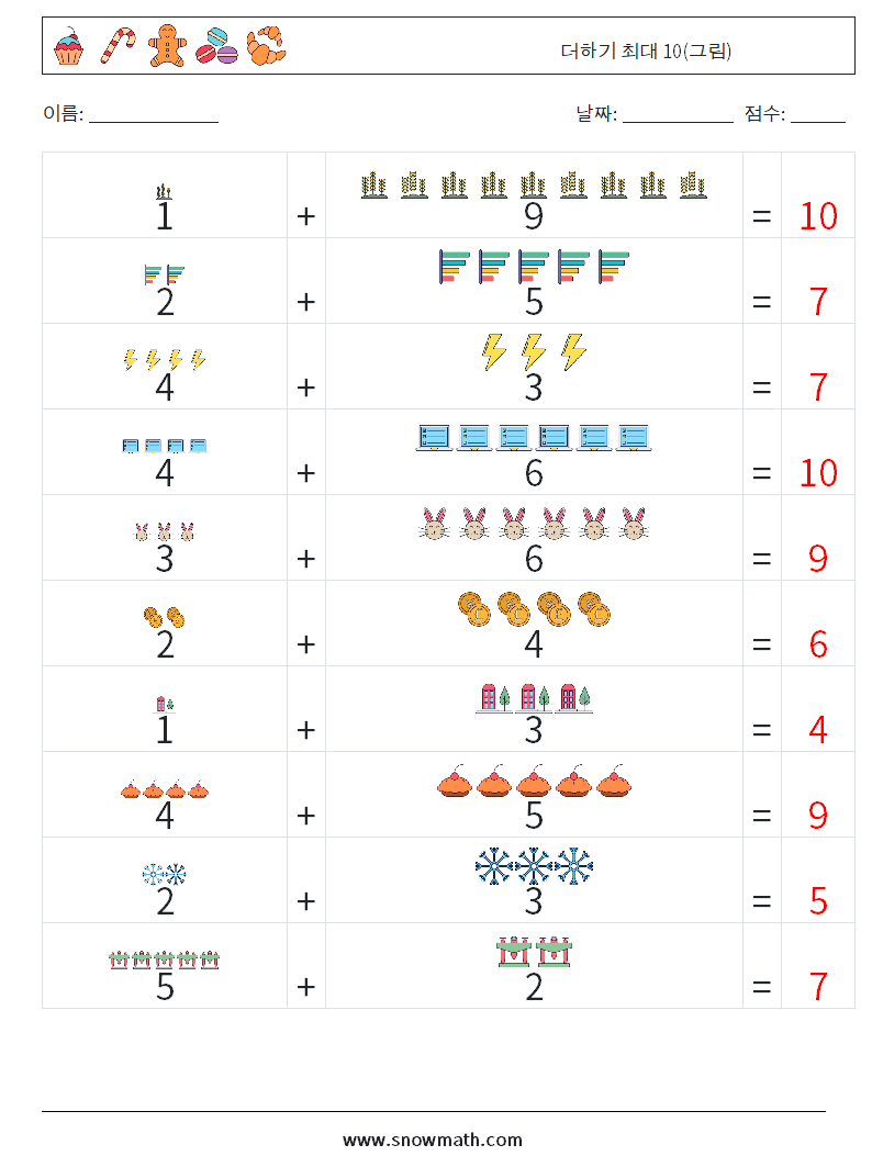 더하기 최대 10(그림) 수학 워크시트 12 질문, 답변