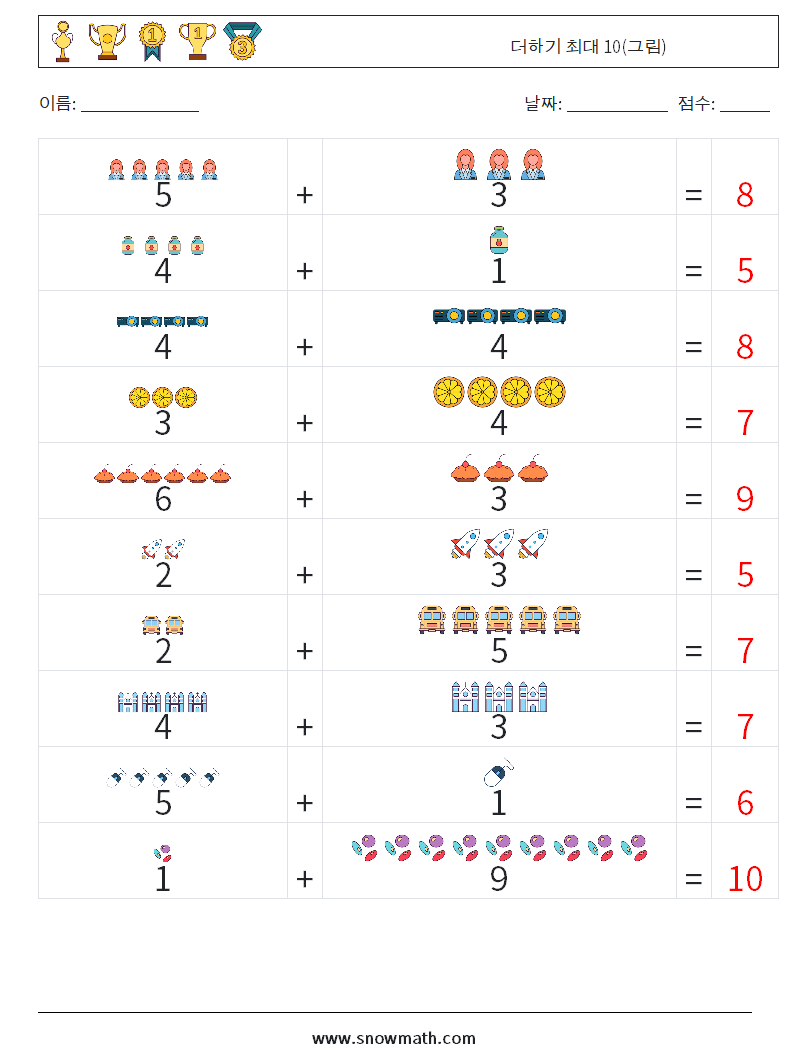 더하기 최대 10(그림) 수학 워크시트 15 질문, 답변