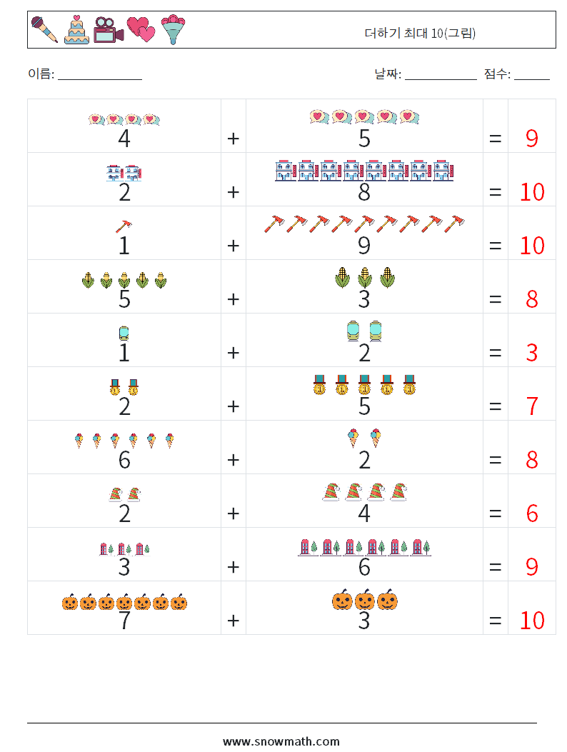 더하기 최대 10(그림) 수학 워크시트 1 질문, 답변