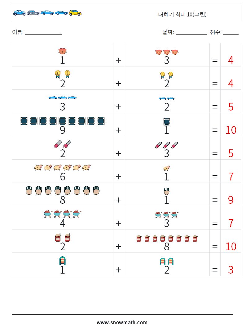 더하기 최대 10(그림) 수학 워크시트 3 질문, 답변