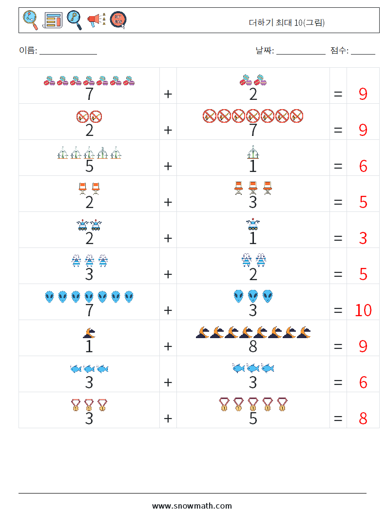 더하기 최대 10(그림) 수학 워크시트 4 질문, 답변