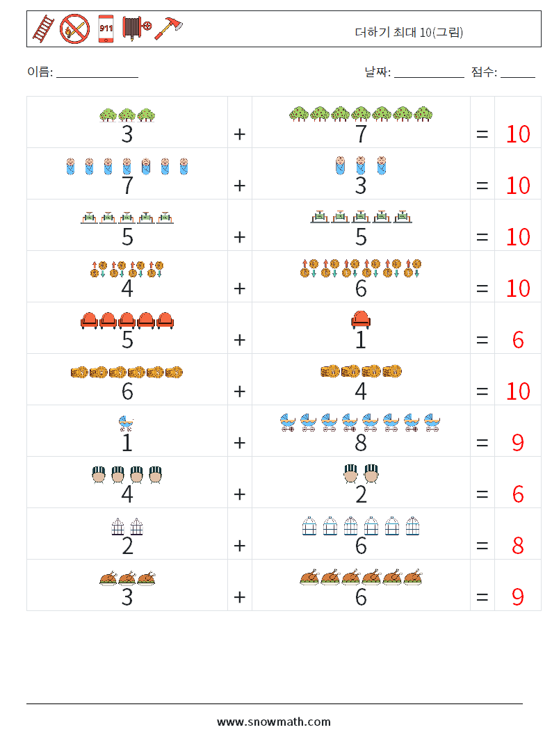 더하기 최대 10(그림) 수학 워크시트 8 질문, 답변