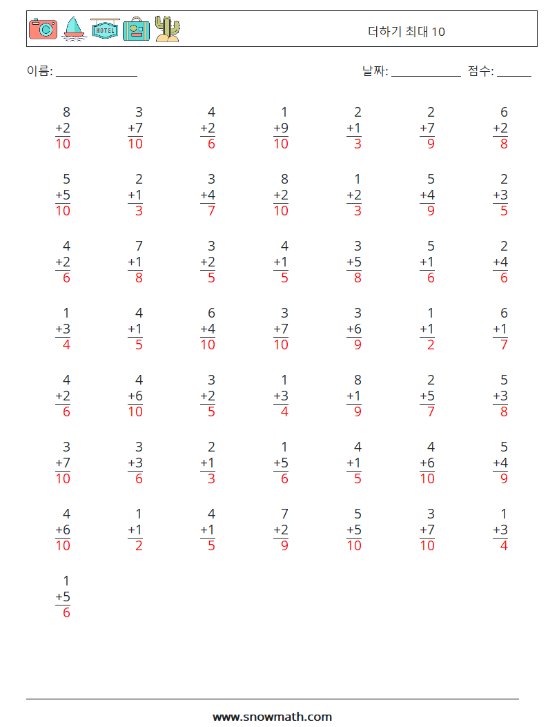 (50) 더하기 최대 10 수학 워크시트 8 질문, 답변