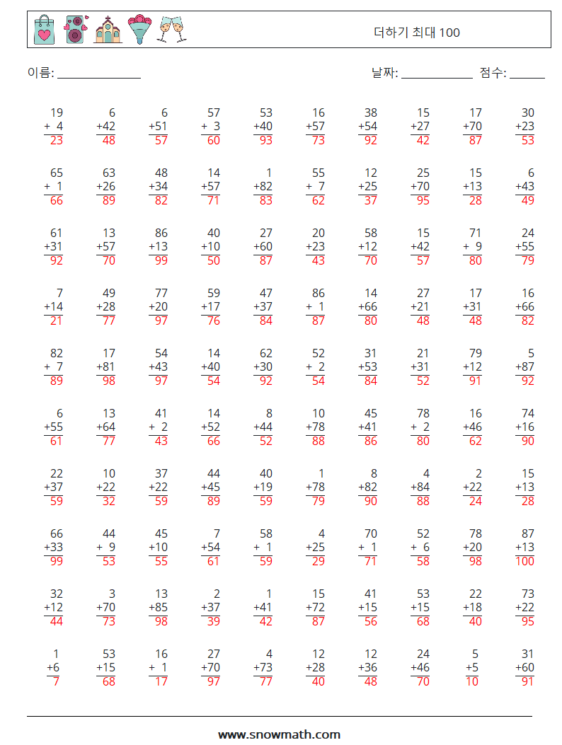 (100) 더하기 최대 100 수학 워크시트 15 질문, 답변