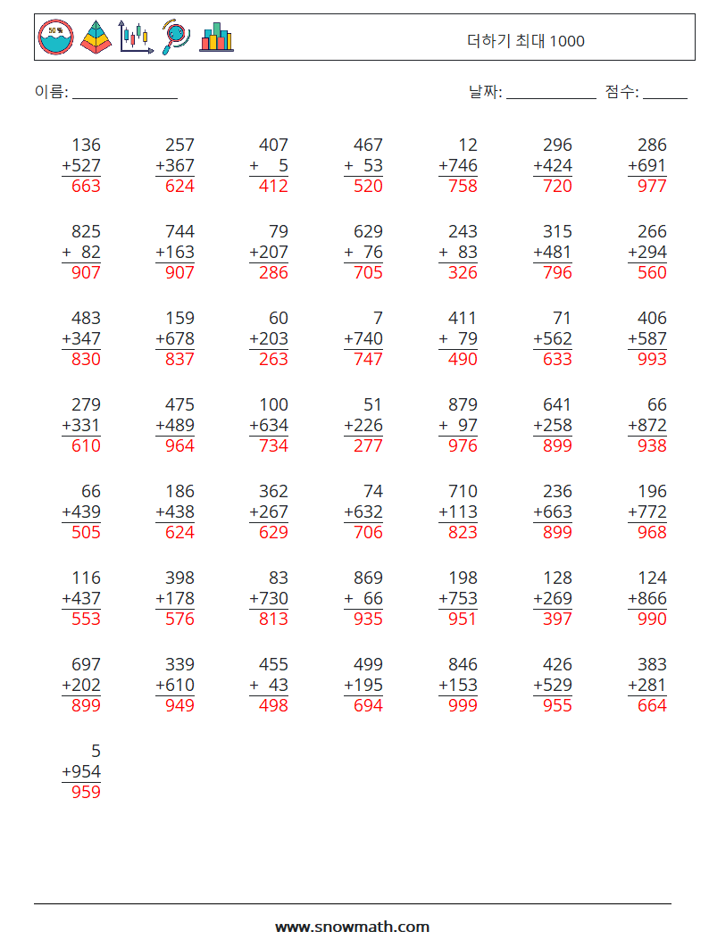 (50) 더하기 최대 1000 수학 워크시트 1 질문, 답변