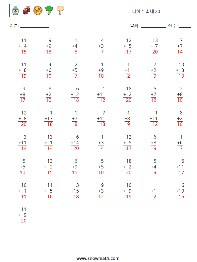 (50) 더하기 최대 20 수학 워크시트 6 질문, 답변