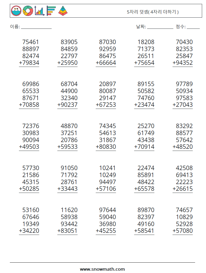 (25) 5자리 덧셈( 4자리 더하기 ) 수학 워크시트 1