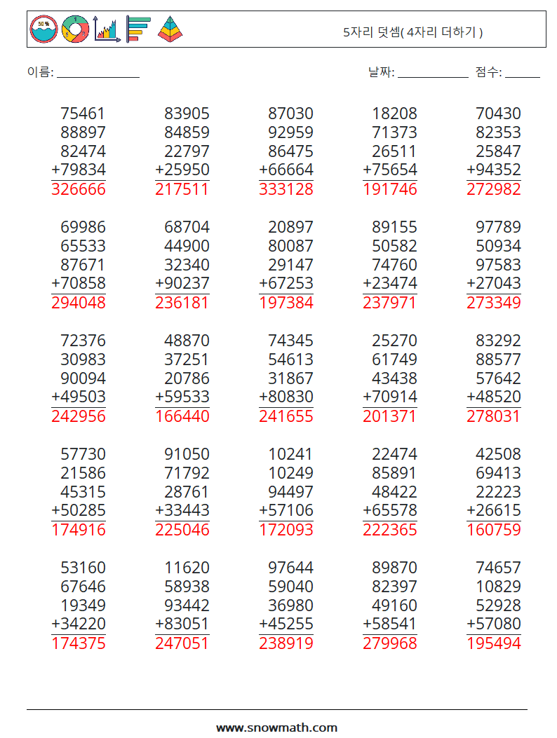 (25) 5자리 덧셈( 4자리 더하기 ) 수학 워크시트 1 질문, 답변