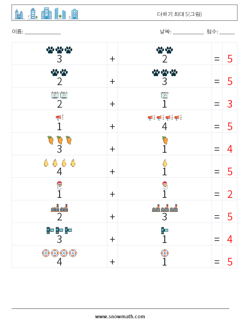더하기 최대 5(그림) 수학 워크시트 12 질문, 답변