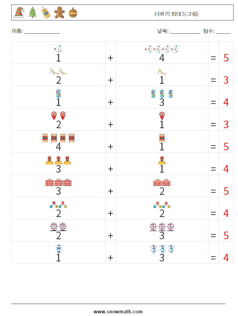 더하기 최대 5(그림) 수학 워크시트 16 질문, 답변