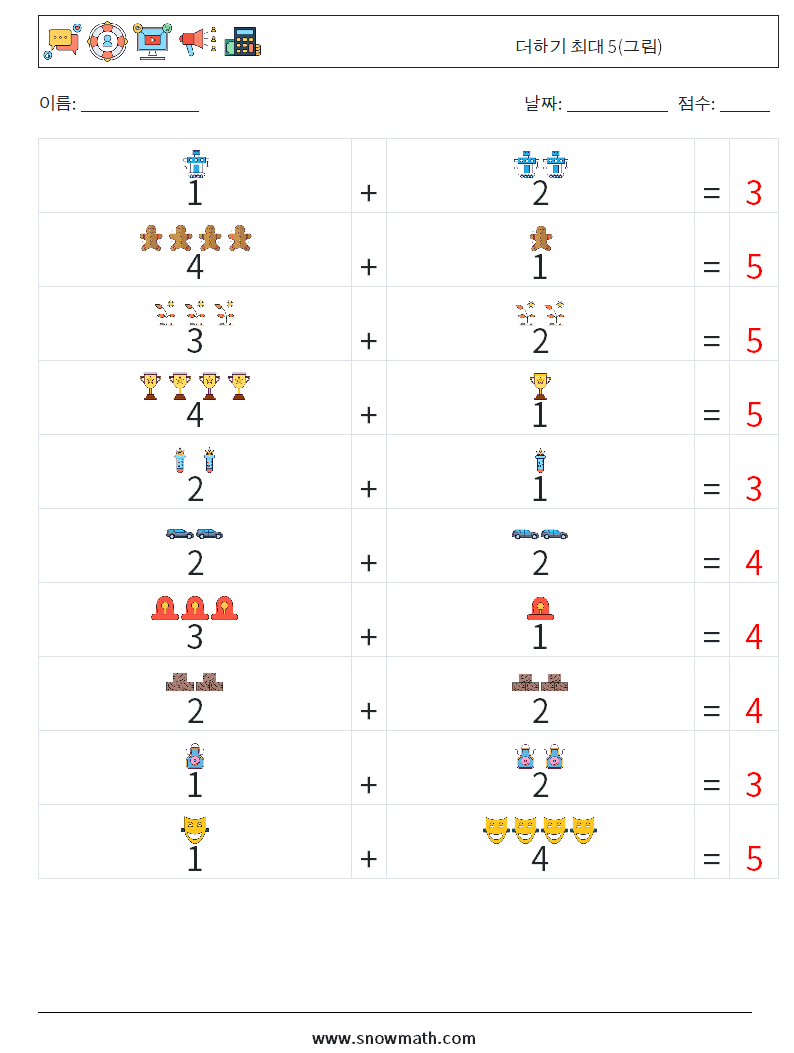더하기 최대 5(그림) 수학 워크시트 2 질문, 답변