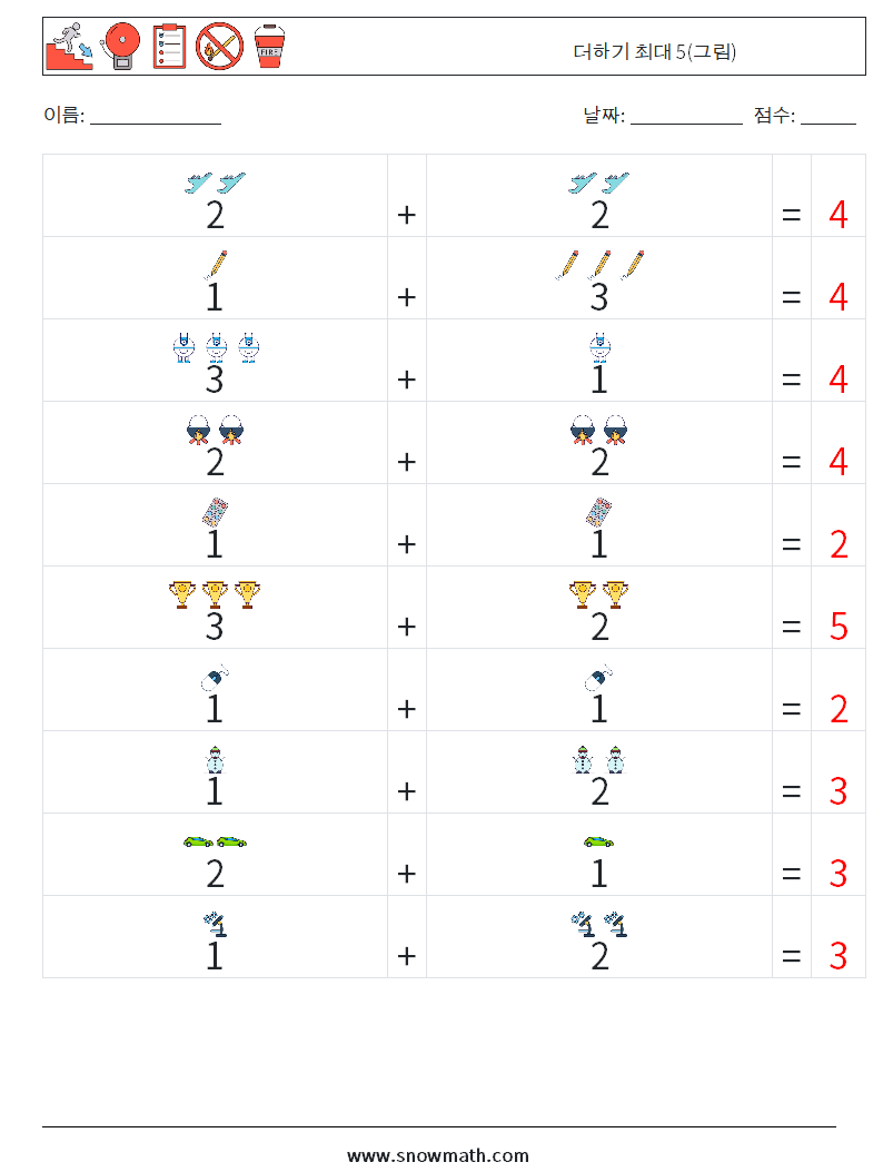 더하기 최대 5(그림) 수학 워크시트 3 질문, 답변