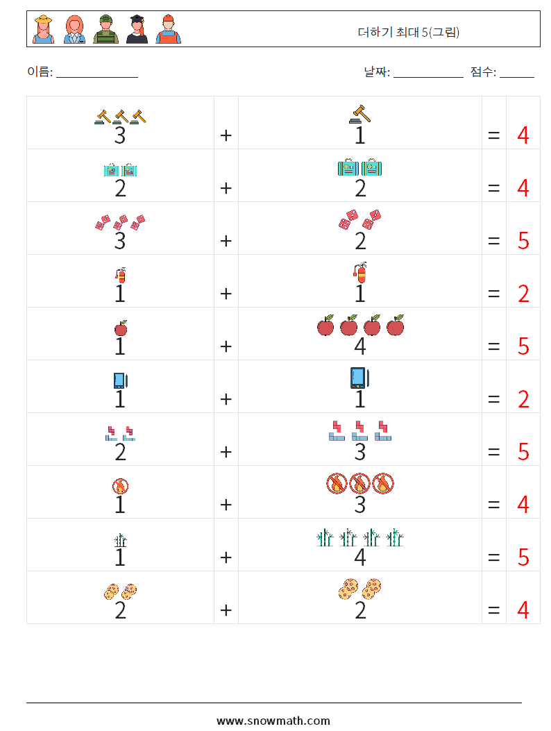 더하기 최대 5(그림) 수학 워크시트 6 질문, 답변