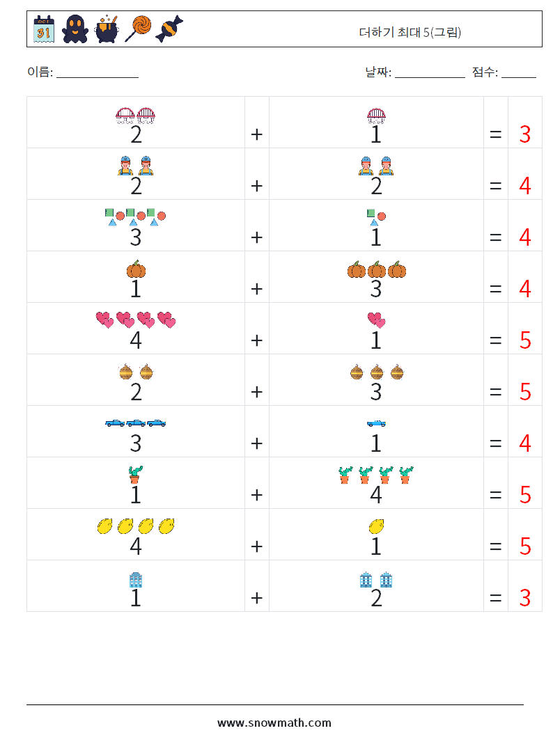 더하기 최대 5(그림) 수학 워크시트 7 질문, 답변