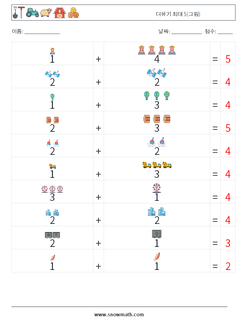더하기 최대 5(그림) 수학 워크시트 8 질문, 답변