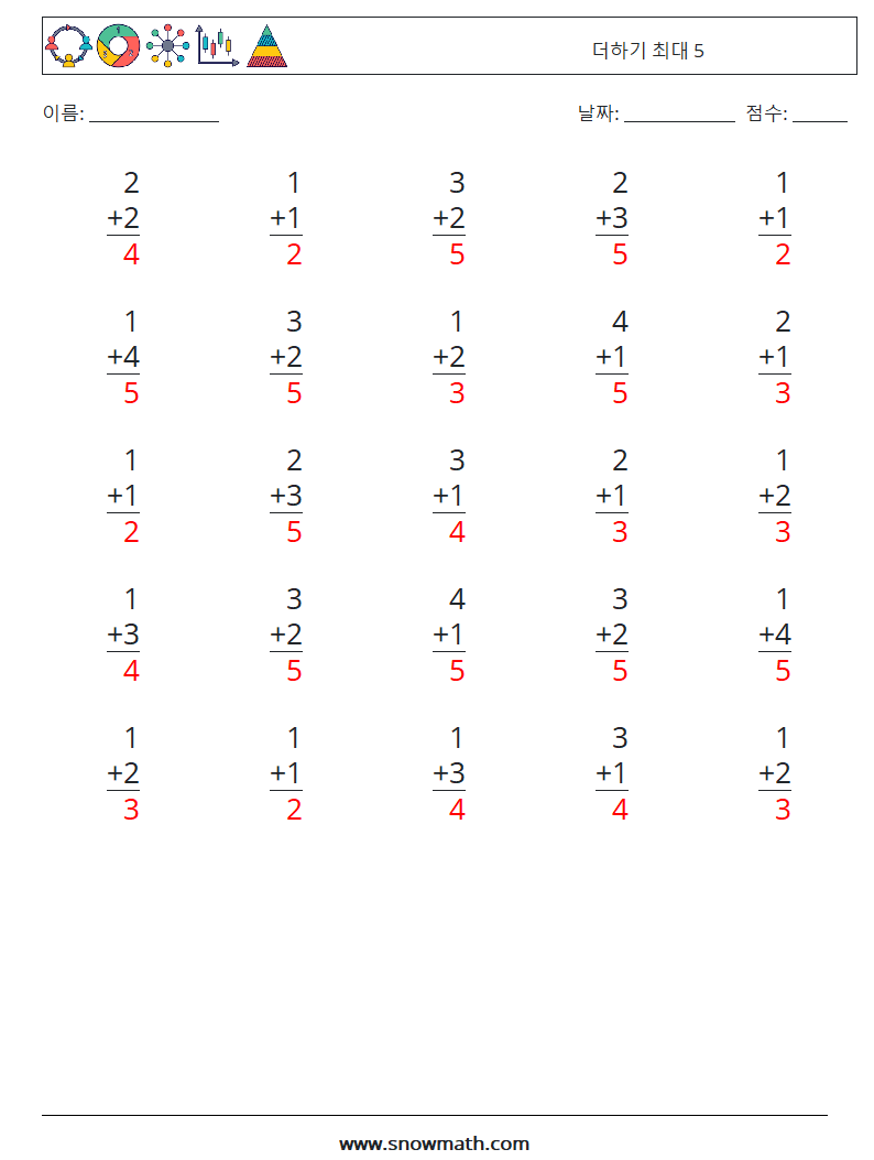 (25) 더하기 최대 5 수학 워크시트 4 질문, 답변