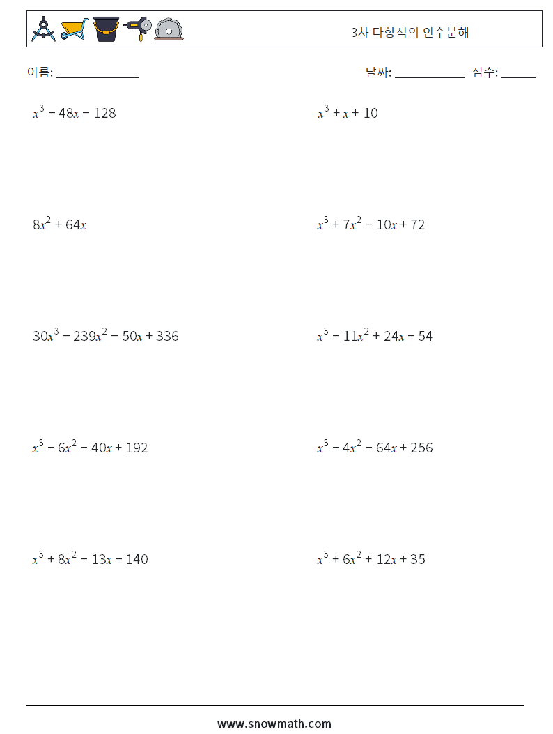 3차 다항식의 인수분해 수학 워크시트 5