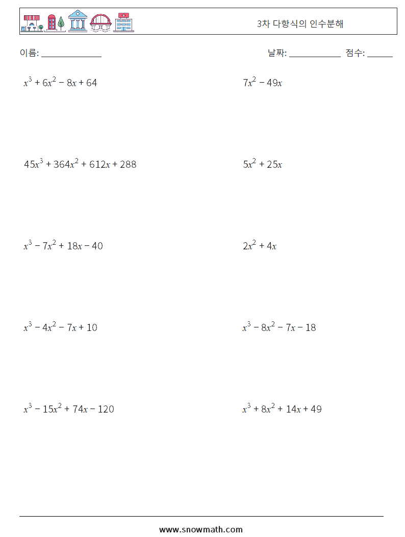 3차 다항식의 인수분해 수학 워크시트 6