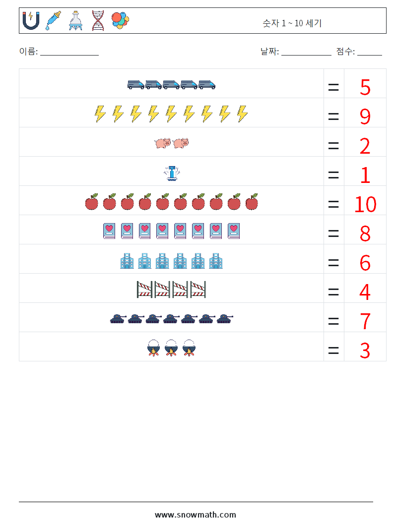 숫자 1 ~ 10 세기 수학 워크시트 11 질문, 답변