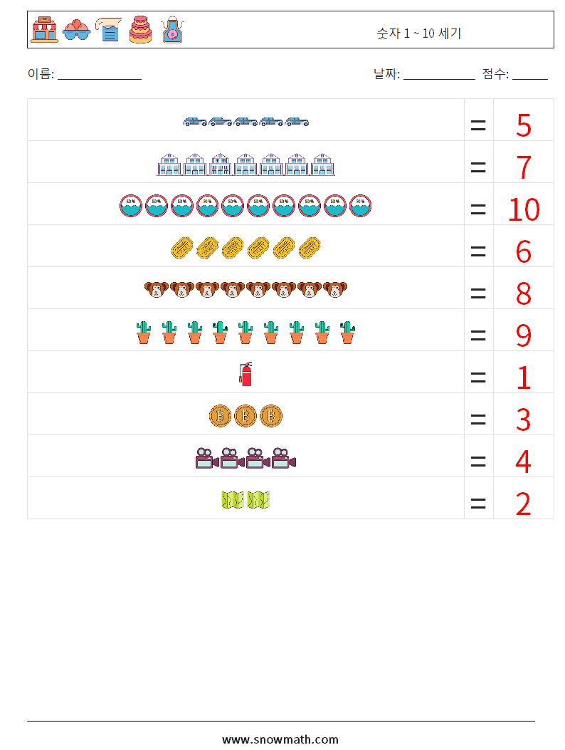 숫자 1 ~ 10 세기 수학 워크시트 15 질문, 답변