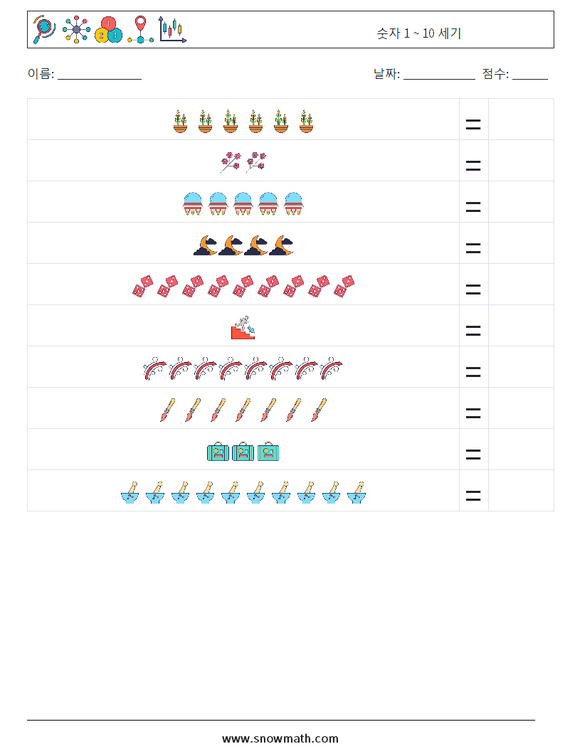 숫자 1 ~ 10 세기 수학 워크시트 18