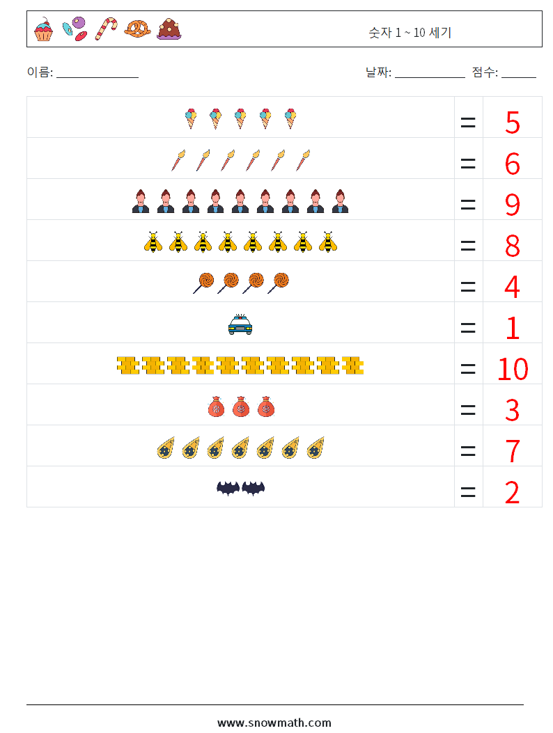 숫자 1 ~ 10 세기 수학 워크시트 1 질문, 답변